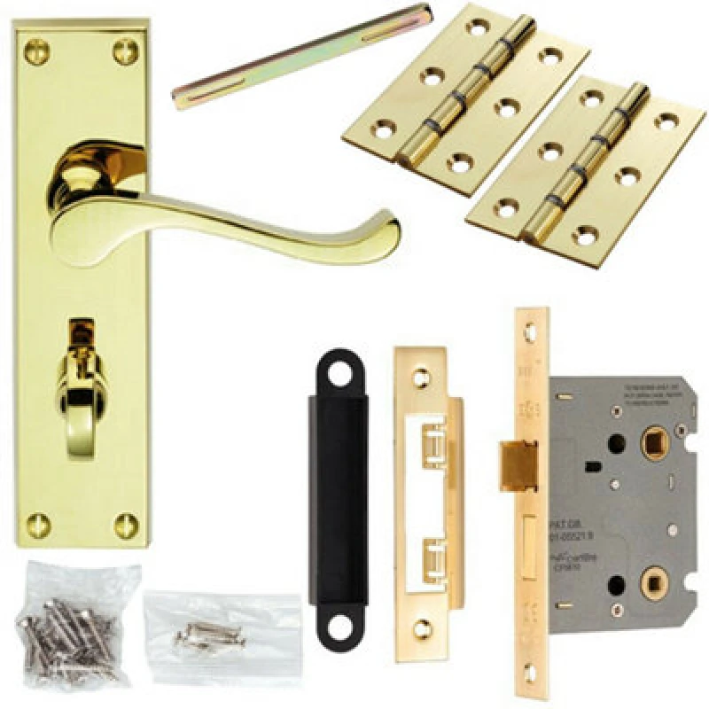 Image of Loops Door Handle & Bathroom Lock Pack Brass Victorian Scroll Thumb Turn Backplate Metallics