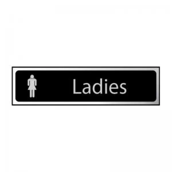 Image of Ladies Sign - Polished Chrome & Black Effect Laminate with Self-Adhesive Backing - 200 x 50mm