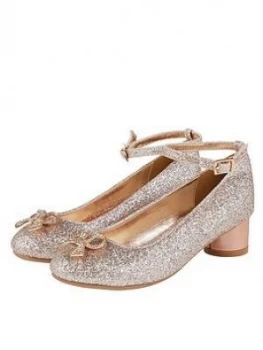 Image of Monsoon Girls Mika Glitter Diamonte Bow Heel Shoes - Rose Gold, Size 9 Younger