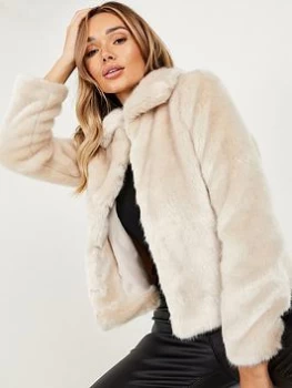 Image of Quiz Stone Short Faux Fur Collar Jacket - 8 - natural