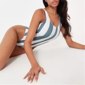 Image of Missguided Stripe High Leg Scoop Back Swimsuit - Green