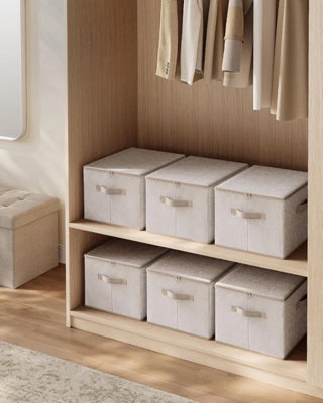 Image of Songmics Storage Bins, 3 Foldable Organiser Boxes With Lids And Handles, Non-Woven Fabric For Clothes, Sand Beige