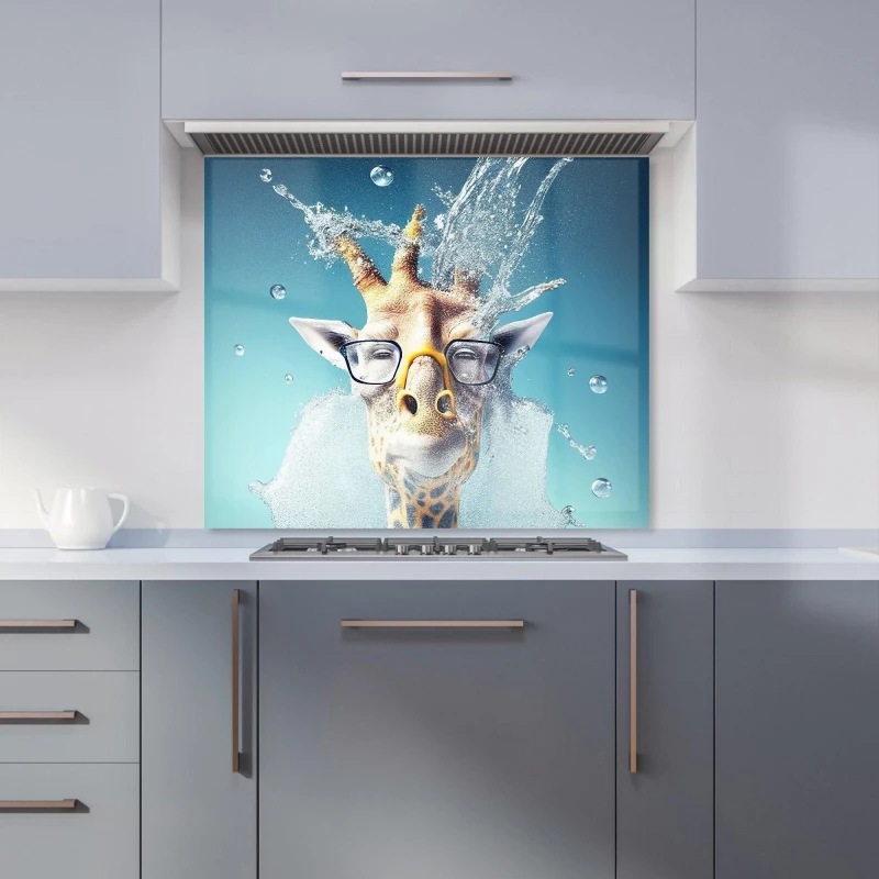 Image of Warren Reed - Designer Giraffe With Glasses Splashart Kitchen Splashback in Blue Size: 900mm x 750mm Blue Unisex 900mm x 750mm
