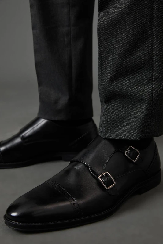 Image of Burton Mens Black Formal Leather Monk strap Brogue Shoes Black 9 Male BBB05915