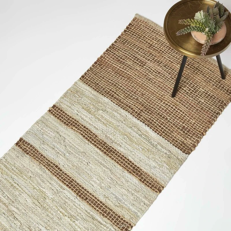 Image of HOMESCAPES Homescapes - Brown Recycled Leather Handwoven Stripe Rug, 66 x 200cm RU1413B