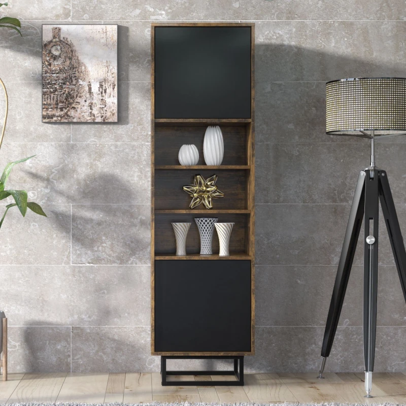Image of Creative Furniture Harmony Loft Display Cabinet 175cm - Loft-Inspired Storage with Rustic, Oak & Black Matt Doors Dark Brown