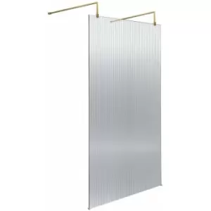 Image of Hudson Reed Fluted Wet Room Screen with Brushed Brass Support Arm and Feet 1000mm Wide - 8mm Glass