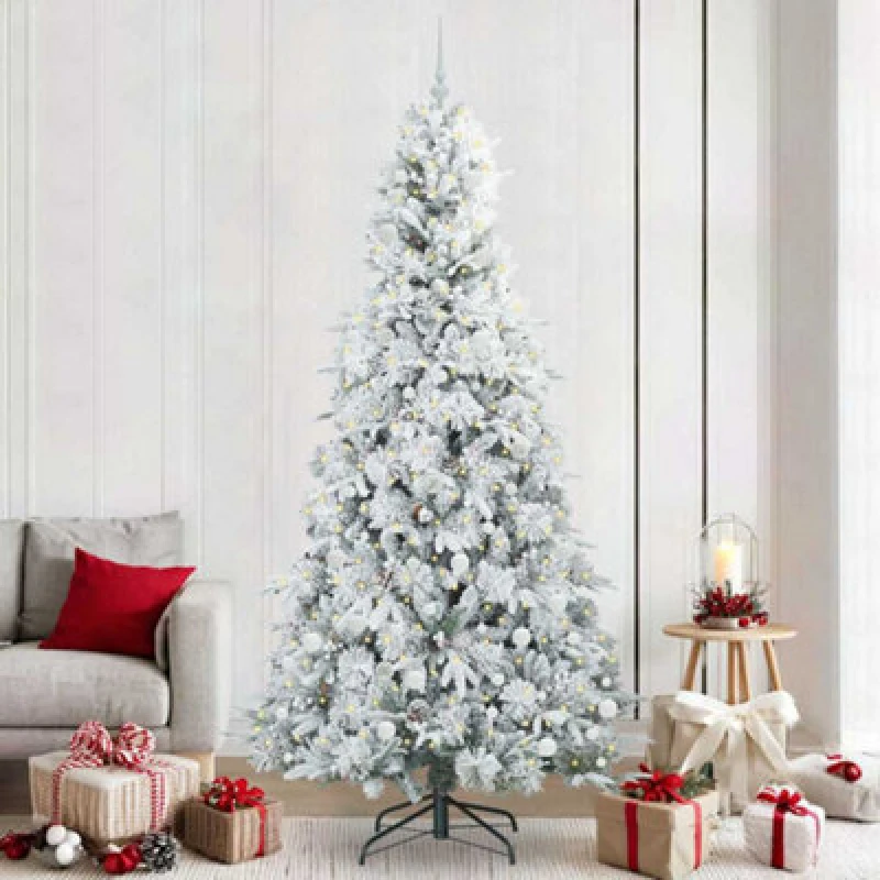 Image of vidaXL Artificial Hinged Christmas Tree with White Balls Snow Flocked Green 240cm PE and PVC, Green 3397513