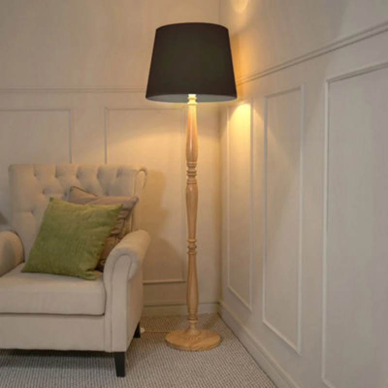 Image of ValueLights Victoria Light Wood Traditional Floor Lamp with Fabric Tapered Shade and Bulb Black