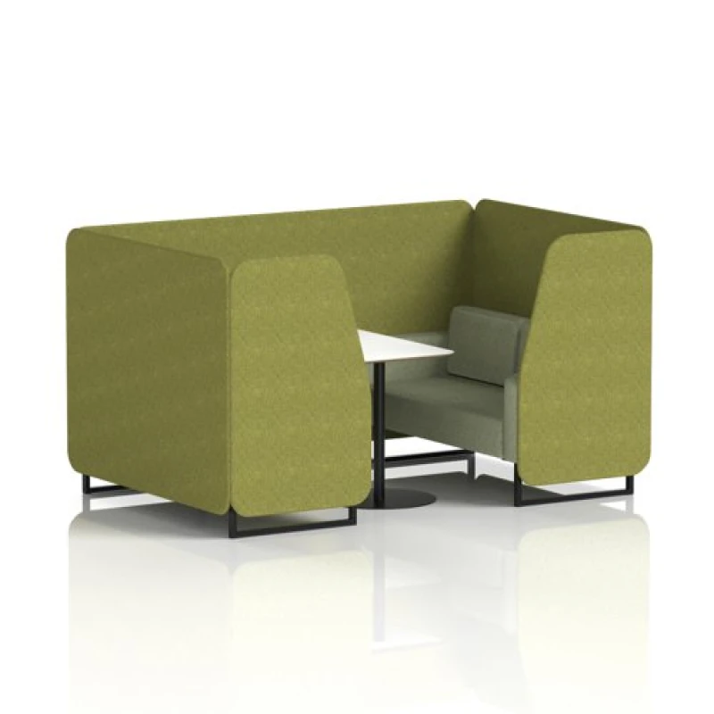 Image of Brixworth 4 Seater Office Booth with Front Panel - Black Legs and White Table with Black Leg in Rivet Fabric - Olive Panels and Burnish Sofa