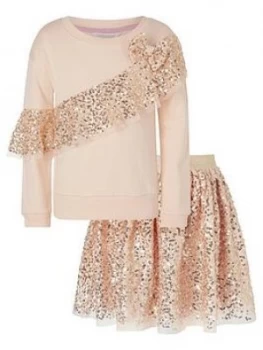 Image of Monsoon Girls Sequin Sweat Top And Skirt Set - Rose Gold, Size Age: 3-4 Years, Women