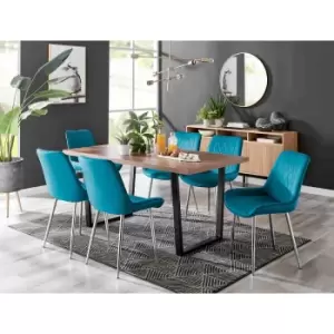 Image of Furniture Box Kylo Brown Wood Effect Dining Table and 6 Blue Pesaro Silver Chairs
