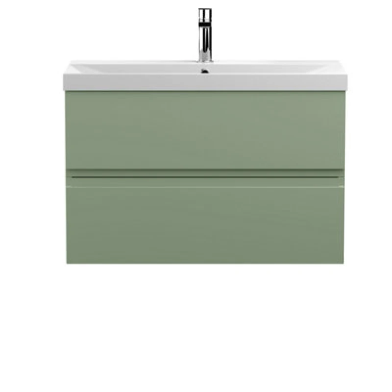 Image of Nuie Hudson Reed Urban Wall Hung 2 Drawer Vanity Unit With Thin-Edge Ceramic Basin, Modern Bathroom Furniture In Satin Green, 800mm