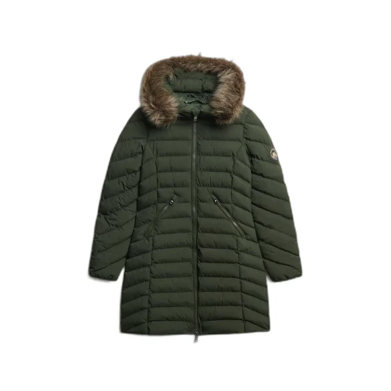 Image of Superdry Mid-Length Padded Jacket with Faux Fur Hood olive green Women 6;14;12;10;8