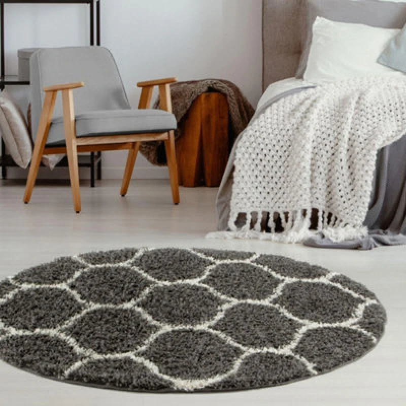 Image of THE RUGS Soft Trellis Shaggy Rugs & Runners Dark Grey Living Room Size: 120cm diameter Dark Grey Unisex 120cm diameter