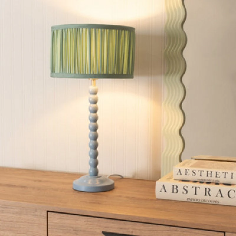 Image of ValueLights Bobbins Powder Blue Table Lamp with Ruched Pleated Drum Lamp Shade Pale Green