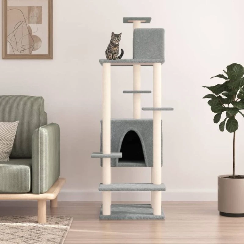 Image of vidaXL Cat Tree w/ Sisal Scratching Posts Light Grey 154cm, Grey 171772