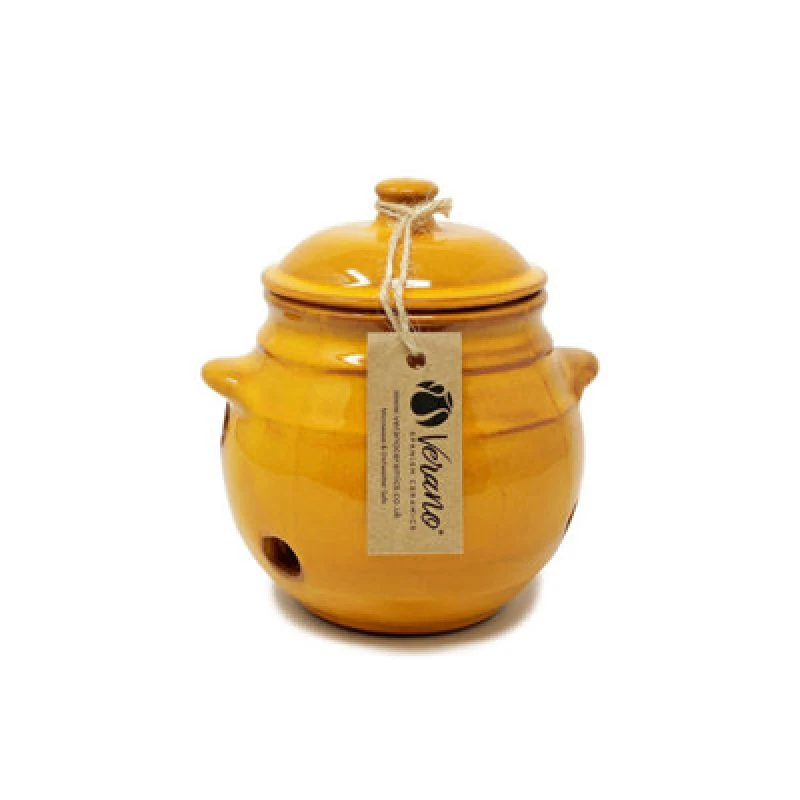 Image of Verano Spanish Ceramics Selena Glazed Hand Dipped Kitchen Dining Garlic Jar With Lid Orange (H) 15Cm
