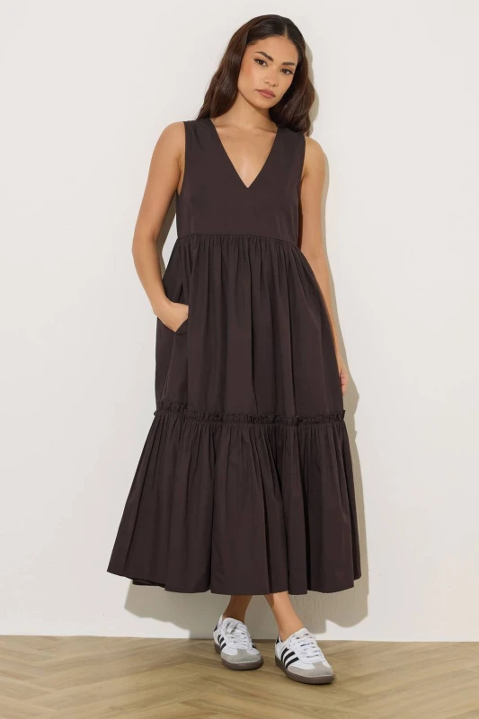 Image of PixieGirl Womens Petite Frill Tiered Midi Dress in Chocolate Size: 14 Chocolate Female 14