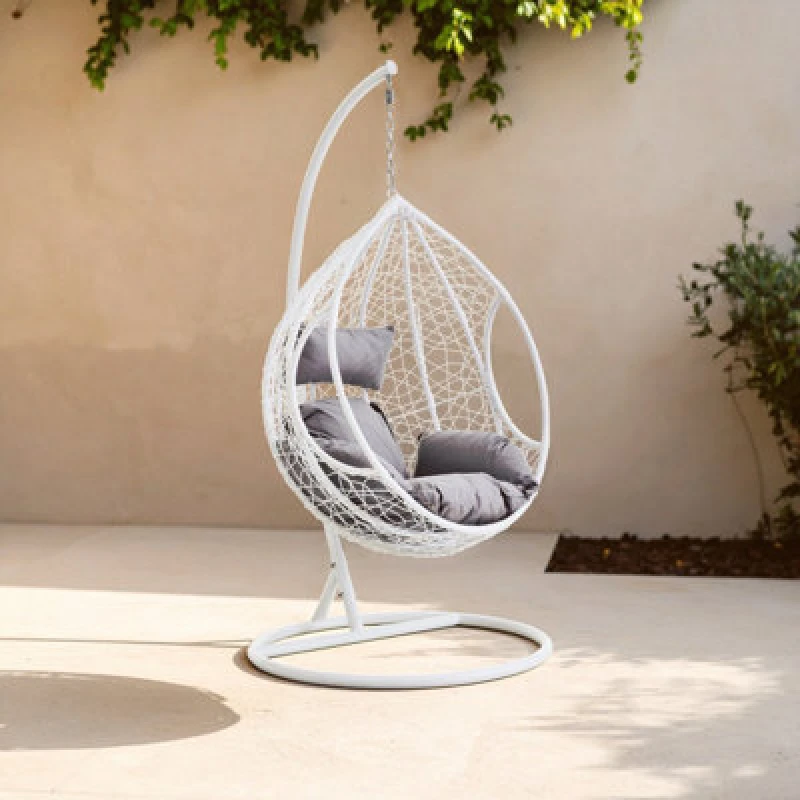 Image of Orsina Cut Out Sides White Hanging Chair With Round Base, Comfortable Seating Swing Chair, Easy To Clean Chair