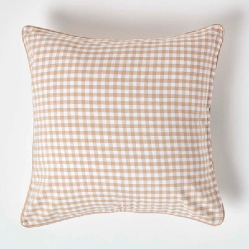 Image of Homescapes Cotton Gingham Check Beige Cushion Cover, 60 X 60 Cm