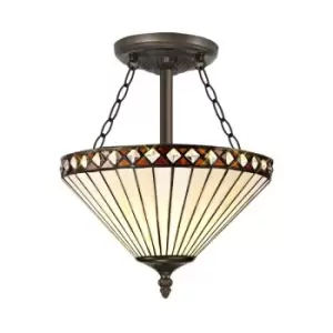 Image of 3 Light Semi Flush Ceiling E27 With 30cm Tiffany Shade, Amber, Crystal, Aged Antique Brass - Luminosa Lighting
