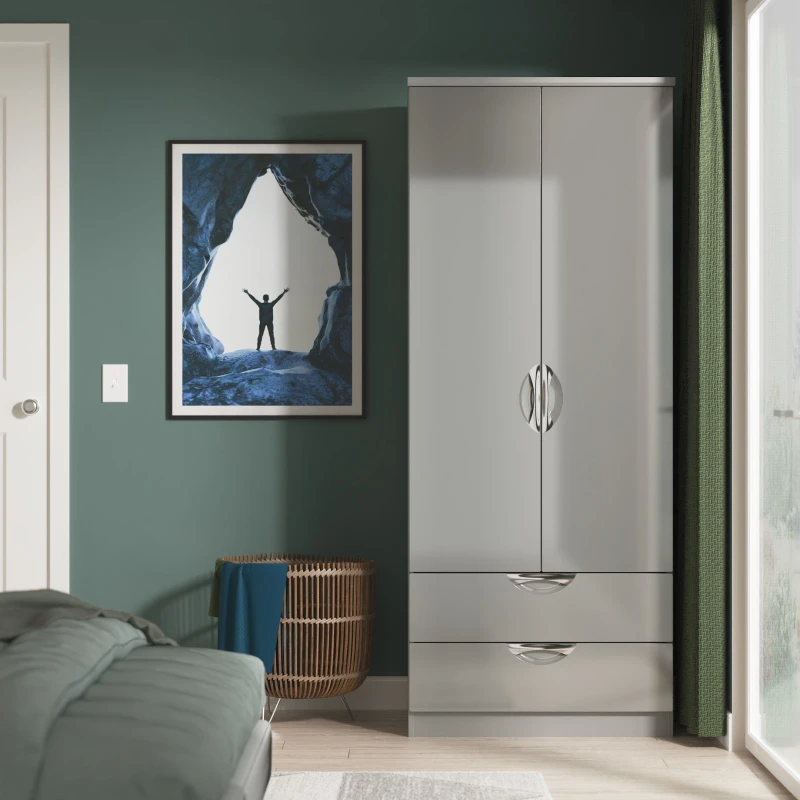 Image of Camden 2 Door 2 Drawer Wardrobe in Grey Gloss & Dusk Grey - Ready Assembled - Lewis's Home TJ Hughes 5056812207002