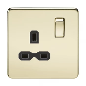 Image of KnightsBridge 1G DP 13A Screwless Polished Brass 230V UK 3 Pin Switched Electrical Wall Socket - White Insert