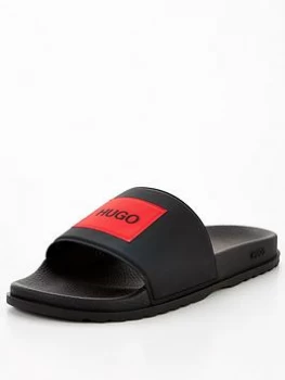 Image of Hugo Boss Match Red Path Logo Slide Black Size 10 Men