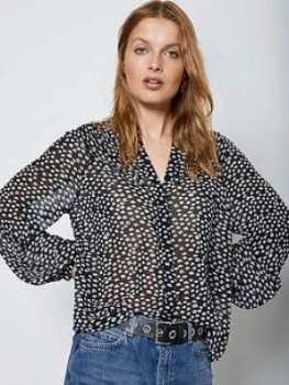 Image of Mint Velvet Poppy Lips Print Ruffle Yolk Blouse - Blue, Size XL, Women