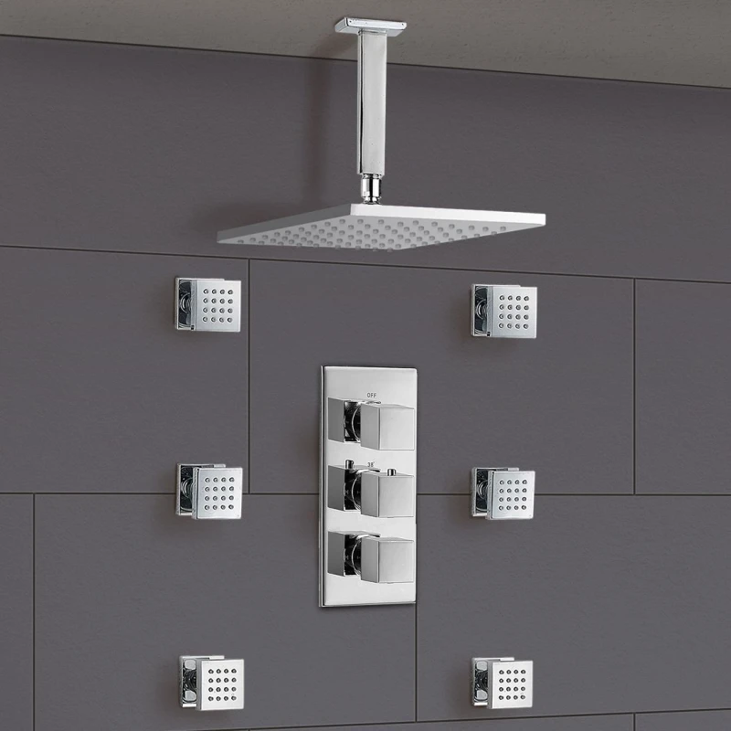 Image of Nes Home Rose Square Concealed Thermostatic Shower Mixer Ceiling Head & Massage Body Jets Set in Silver Silver Unisex