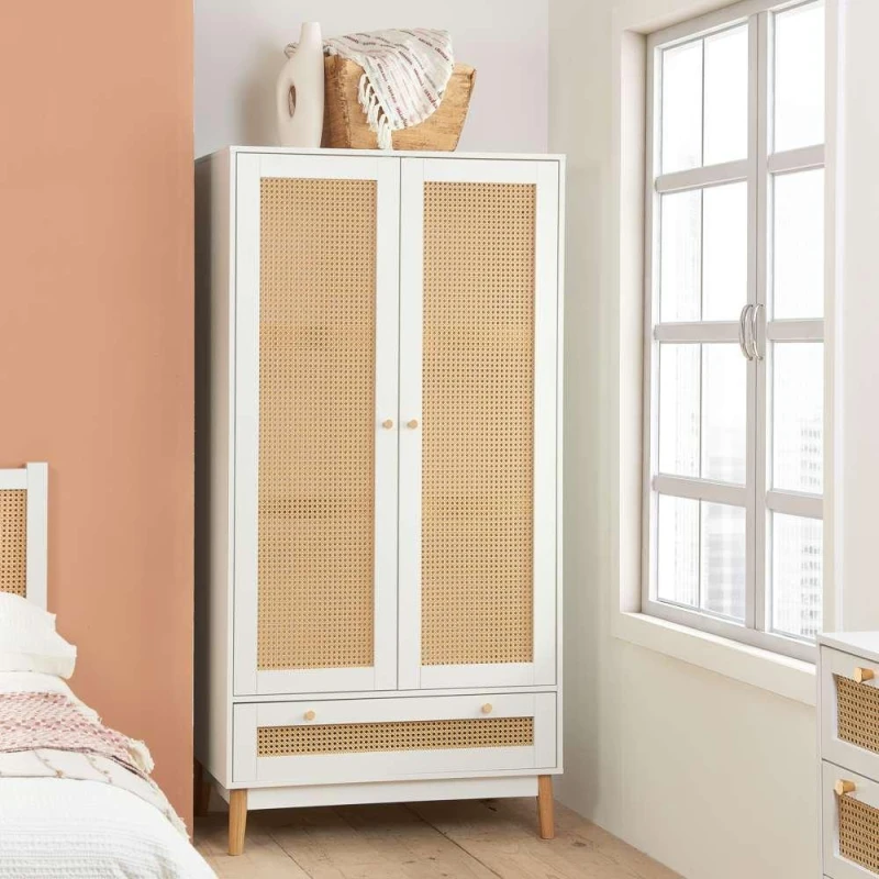 Image of Birlea Croxley Rattan and White 2 Door 1 Drawer Wardrobe