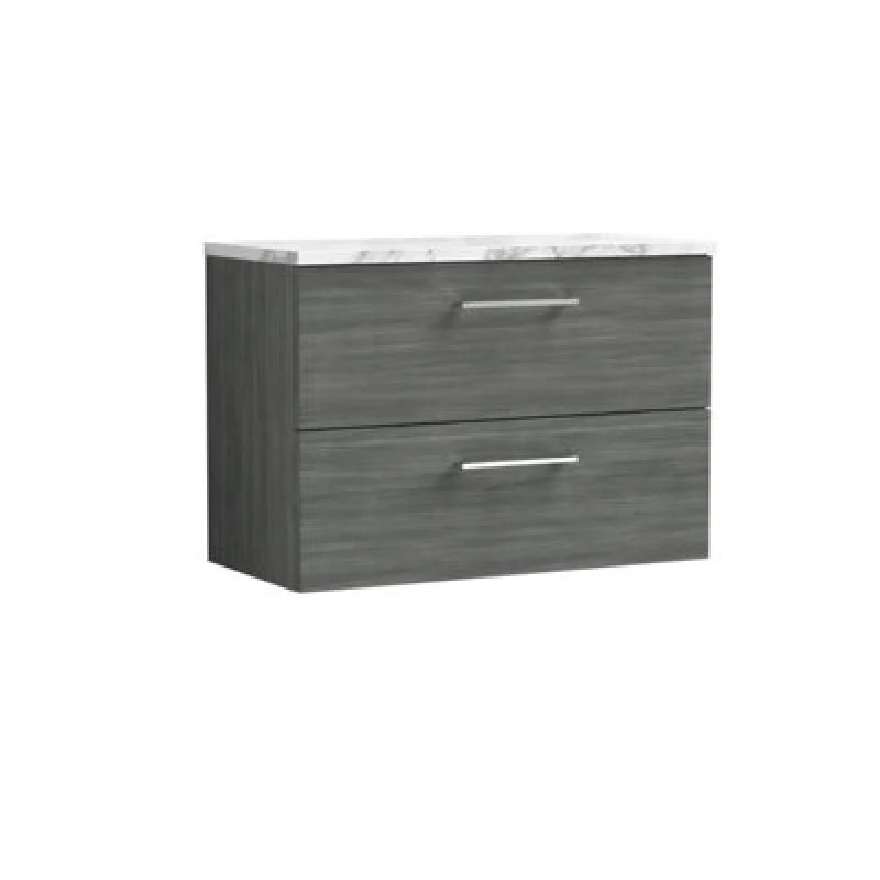 Image of NUIE Nuie - Arno Wall Hung 2-Drawer Vanity Unit with Carrera Marble Worktop 800mm Wide - Anthracite Woodgrain ARN526LCM