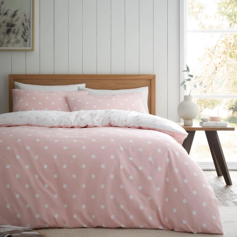 Image of Catherine Lansfield Polka Dot Brushed Duvet Cover Bedding Set Pink