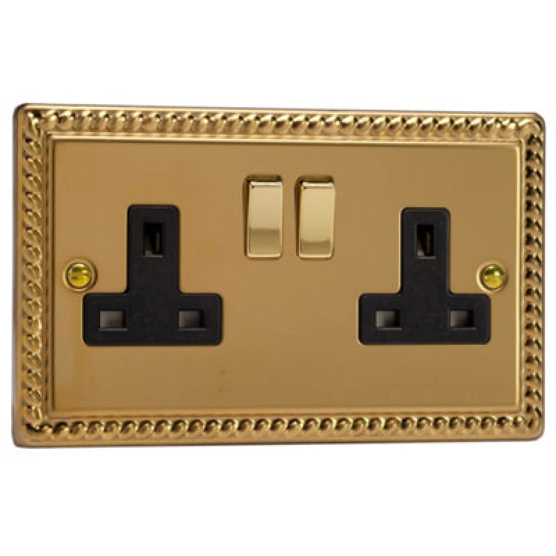Image of Varilight Double Switched Plug Socket - Classic Georgian Brass With Brass/black Insert, Xg5Db