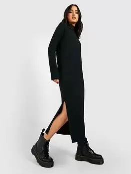 Image of Boohoo Soft Rib High Neck Midaxi Jumper Dress - Black, Size 12, Women