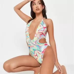 Image of Missguided Swirl Print Extreme Cut Out Tie Back Swimsuit - Yellow