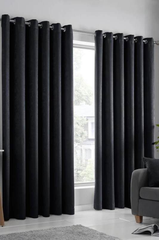 Image of Fusion Strata Dim Out Self Lined Eyelet Curtains - Black 90x90 Inch