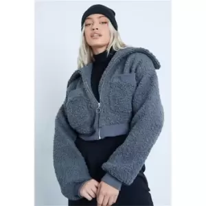 Image of I Saw It First Charcoal Cropped Borg Funnel Neck Trucker Jacket - Grey