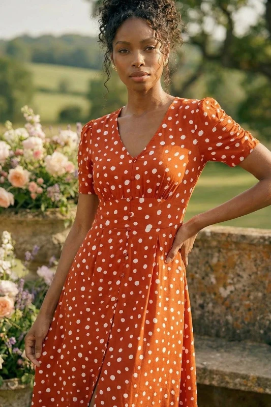 Image of Roman Womens Polka Dot Ruched Sleeve Midi Dress in Orange Size: 20 Orange Female 20