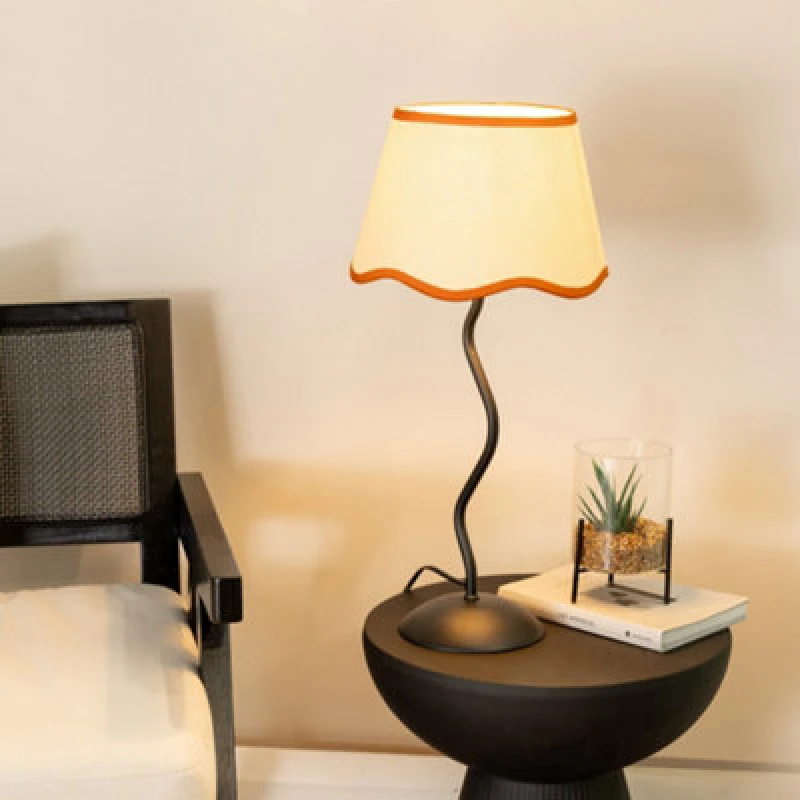 Image of ValueLights Wiggle Black Metal Stem Table Lamp with Linen Scallop Trim Tapered Lamp Shade Burnt Orange