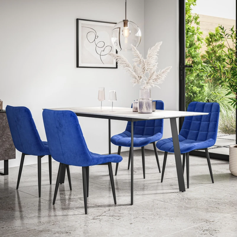 Image of More4Homes Haydon Extending Dining Table + Chairs- White Marble Effect Table Top W Black Legs + Nova Velvet Dining Chair Set Of 4 (Blue)