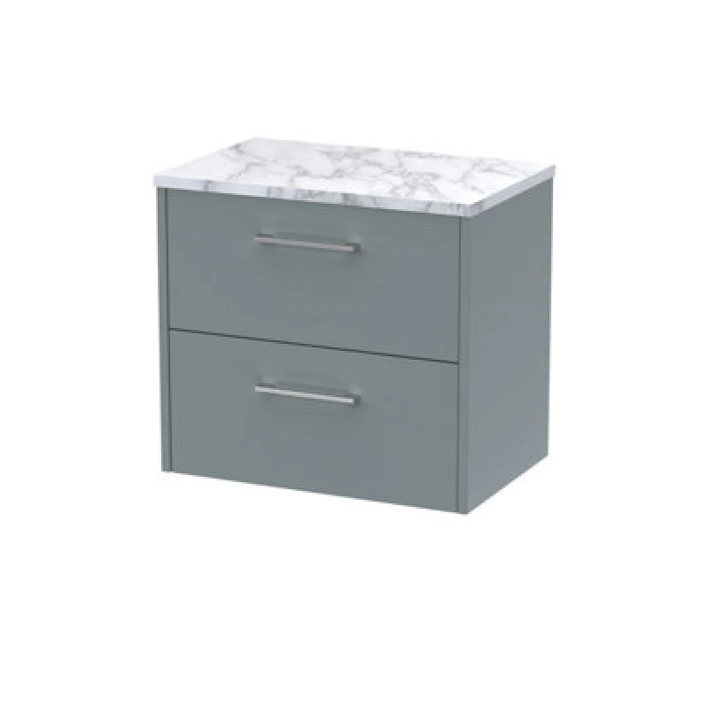 Image of Nuie Hudson Reed Juno Wall Hung 2-Drawer Vanity Unit & Carrera Marble Worktop, Countertop Basin Unit In Coastal Grey, 600mm