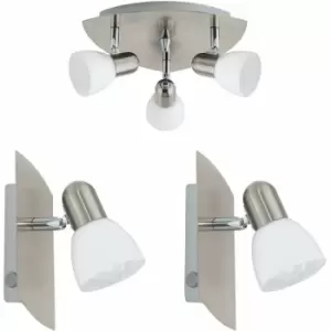 Image of Ceiling Spot Light & 2x Matching Wall Lights Satin Nickel & Glass Triangle Lamp