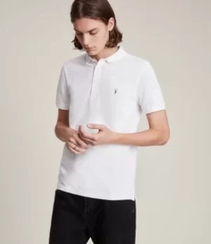 Image of AllSaints Mens Slim Fit Reform Short Sleeve Polo Shirt, White, Size: XS