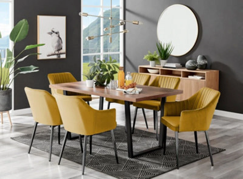 Image of FurnitureboxUK FurnitureboxUK Kylo Large Brown Wood Effect Dining Table & 6 Calla Black Leg Velvet Chairs in Mustard Mustard One Size Unisex 505665717