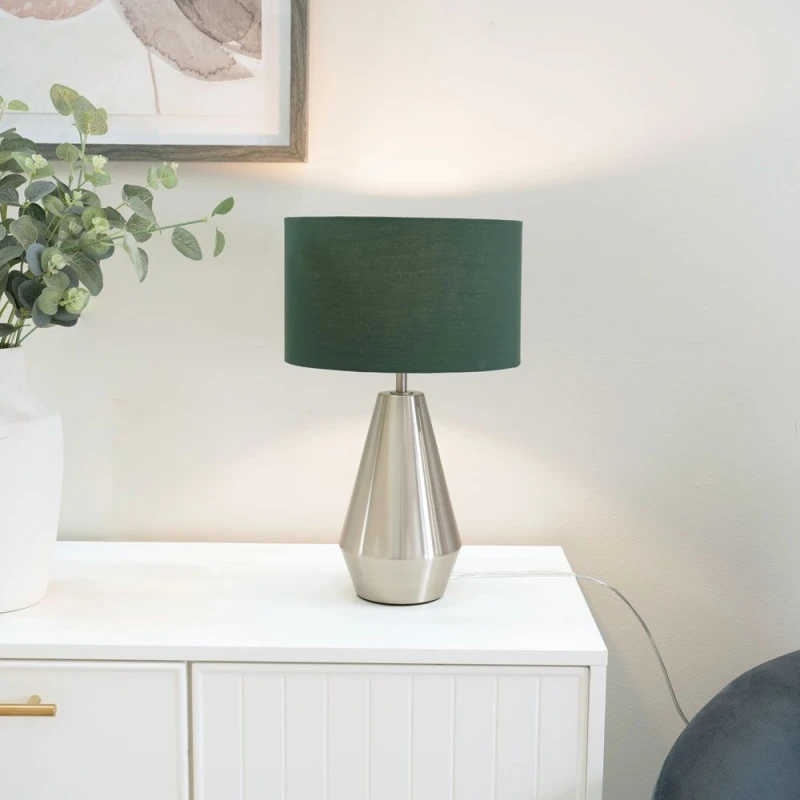 Image of ValueLights Jax Brushed Chrome Dimmable Touch Table Lamp with Fabric Drum Shade Bottle Green