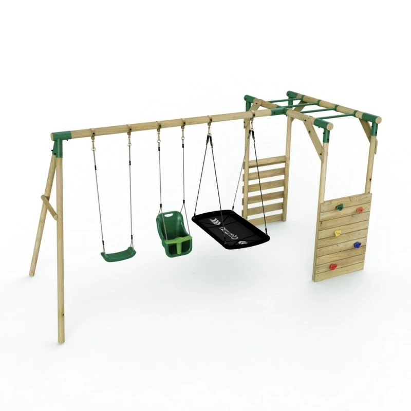 Image of Rebo Wooden Triple Swing Set with Climbing Wall and Monkey Bars - Halley Green Green