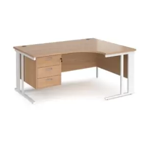 Image of Office Desk Right Hand Corner Desk 1600mm With Pedestal Beech Top With White Frame 1200mm Depth Maestro 25 MCM16ERP3WHB