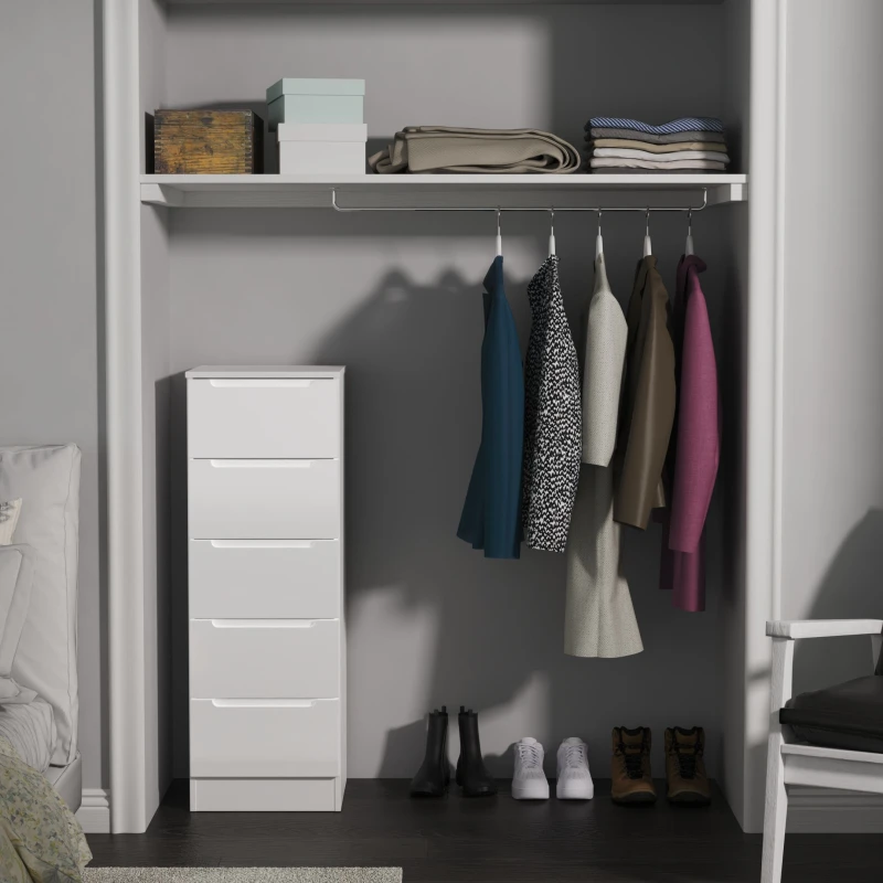 Image of Welcome Furniture Ready Assembled Milan 5 Drawer Bedside Cabinet In White Gloss & White MIL003WGW